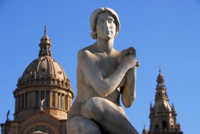 Statue on the Grand Staircase with the Palau Nacional, Montjuc