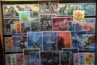 Postage Stamps from San Marino in a shop window on St. Marks Square, Venice