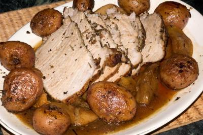 roast pork loin, pan-roasted red potatoes