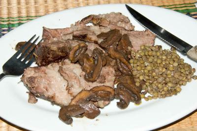 freezer to oven pot roast, sauteed mushrooms, lentils