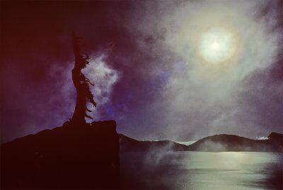 Crater Lake Snag w Moonlight or stopped down Sun
