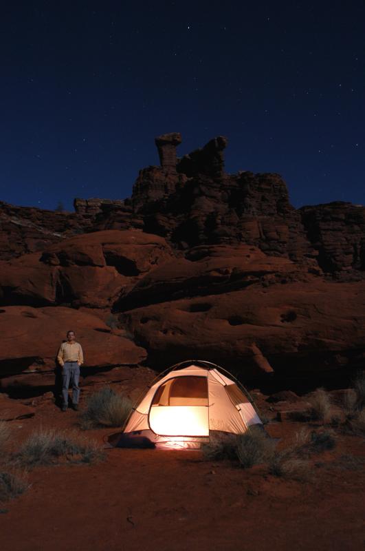 Shafer Boy and tent with moon light, candlelight, and Photoshop