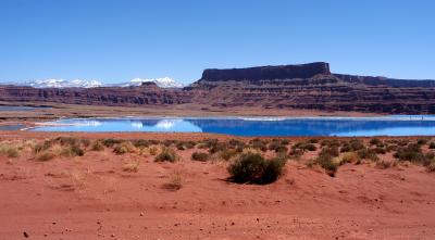 Scenery reflected in an evaporation pond