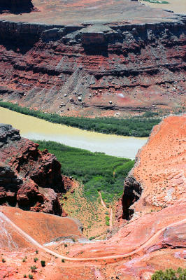 Looking down on SJC 142, an amphitheater, and the Colorado River