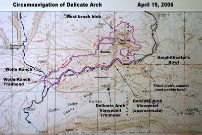 Route map for counterclockwise circumnavigation of Delicate Arch