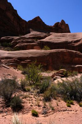 Delicate Arch is behind the shadowy ridge