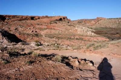 Looking back up the trail: Delicate Arch is below the white dot