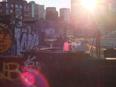 A graffitied rooftop