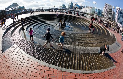 Kids at Darling Harbour Spiral Fountain 