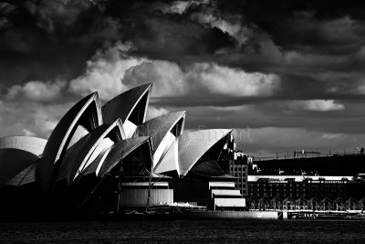 Sydney Opera House sunlit in mono