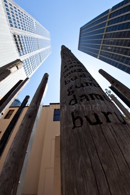 Aboriginal edge of trees sculptures in city