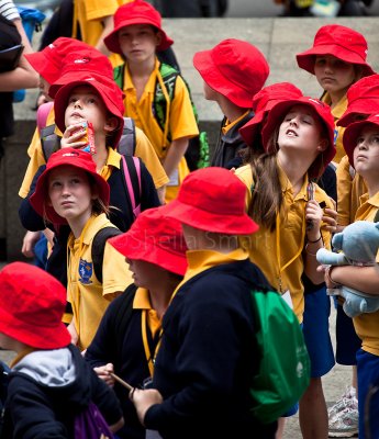 Red hatted schoochildren on outing