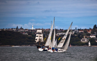 Yachts on Sydney Harbour with tallship