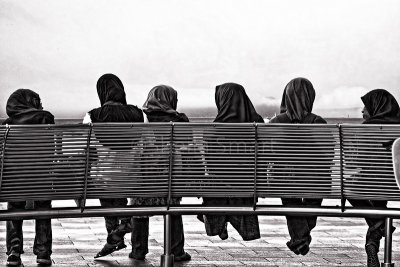 Islamic schoolgirls in hijab in monochrome