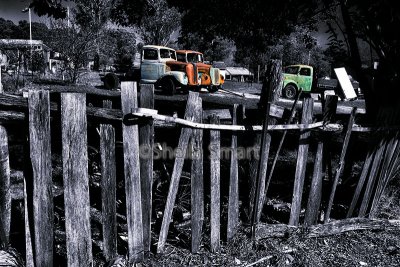 Hill End fence with old trucks - selective color