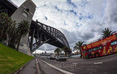 Sydney Harbour Bridge and red double decker bus 