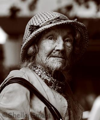 Candid of old lady in sepia