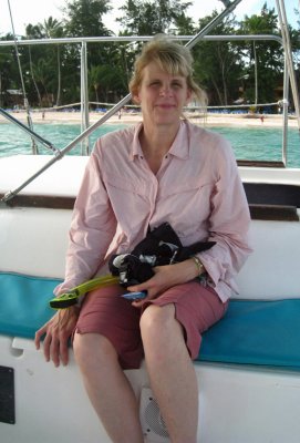 Julie on the catamaran going snorkling