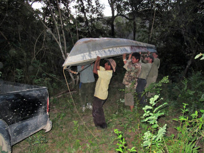 Hauling boat up slope