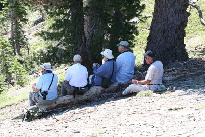 Paul Opler, Barbara W., Barbara V., Steve M., and Rick W. having lunch