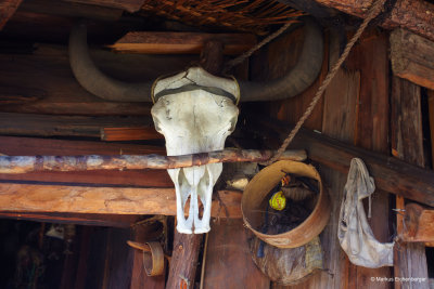 Entrance of the house with a yak skull