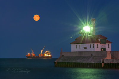 93.62 - Duluth Harbor:  Full Moon, Anchored Ship, And Lighthouse