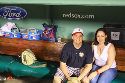 Debbie and I in the Red Sox Dugout, after the game, 3 September 2011