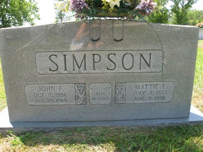 John F        
Oct 8, 1886   
Jan 28, 1968 

 
Mattie L
July 8, 1885
Aug 9, 1956

May they rest in peace