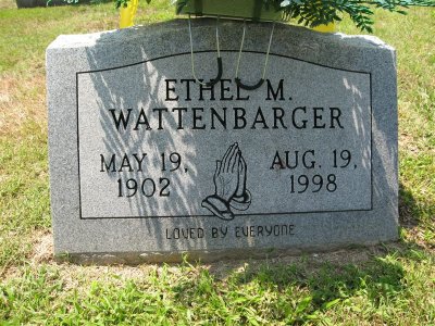 May 19, 1902         
Aug 19, 1998

Loved by everyone

Ethel Mary Wattenbarger, of Sweetwater passed away Aug. 19, 1998 at Sweetwater Valley Convalescent Home. She was 96.She was a member of Mt. Zion Methodist Church in Meigs County.She was preceded in death by parents - Jim and Rhoda Fitch Wattenbarger.survivors: four nephews and five nieces; several great nieces and nephews. Funeral services will be held 8 p.m. tonight, Aug. 21, in Kykers Chapel with Rev. Bill Dawson and Rev. Arthur Stansberry officiating. Interment is 11 a.m. Saturday in Beulahs Chapel Cemetery. The family will receive friends 6-8 p.m. prior to the funeral at Kykers Funeral Home, Sweetwater. Sweetwater Memory Chapel in charge of arrangements. 
