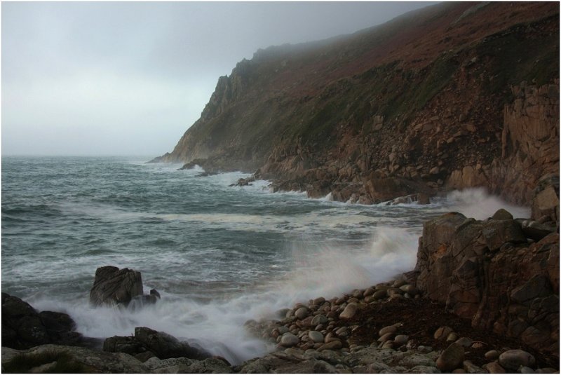 Stormy seas, foggy day, Porth Nanven