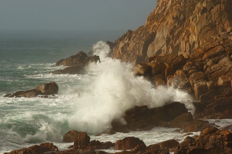 Stormy seas, foggy day, Porth Nanven