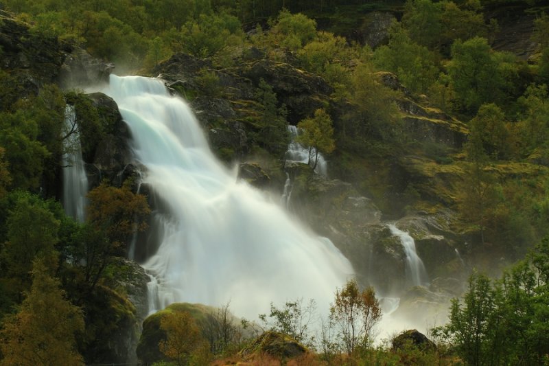 Powerful waterfall below the Briksdal glacier