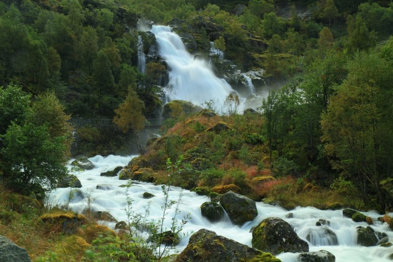 Powerful waterfall below the Briksdal glacier
