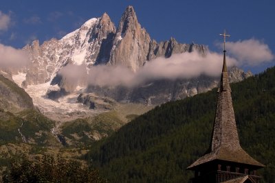 Church steeple and the Drus, Chamonix