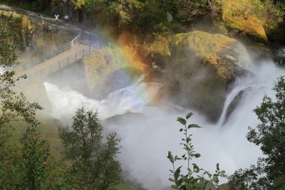 Powerful waterfall below the Briksdal glacier