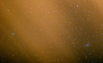 Comet Tuttle (left), galaxy M33 (and encroaching cloud)
