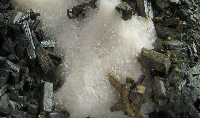 Ludwigite with etched Calcite Detail