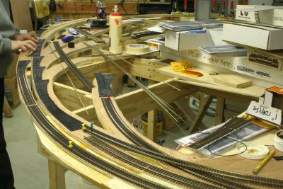 Taking shape;  multiple curved turnout beds ready for rail