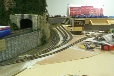 View of East Yard turnouts and tail track, cut in