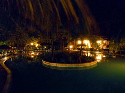 Shallow end of pool with buffet restaurant behind