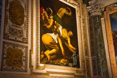 The Crucifixion of Saint Peter by Caravaggio in the Cerasi Chapel of Santa Maria del Popolo