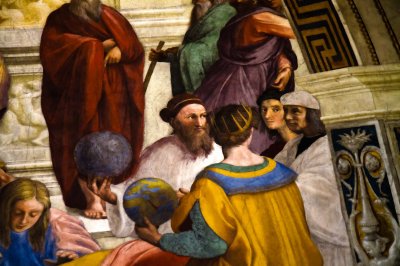 Zoroaster, Ptolemy, and Protogenes - Raphael figure looking at the viewer