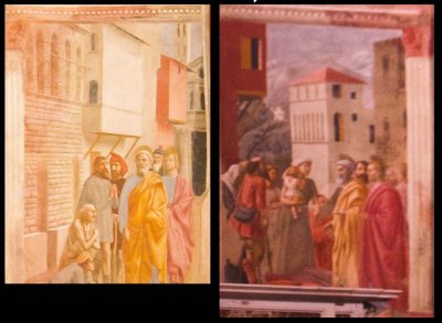 Left: St. Peter curing the sick by the power of his shadow - RIght: St. Peter and St. John giving alms both by  by Masaccio  