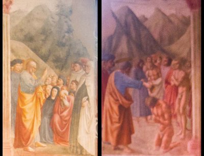 Left: St. Peter Preaching by Masolino - Right: St. Peter baptising by Masaccio