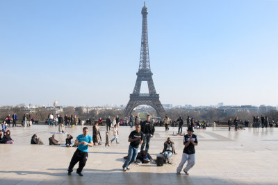 Entertainment on the Esplanade at Trocadero, with the Eiffel Tower in the background