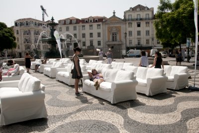 Jill enjoying sofa day in Rossio Square