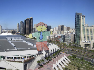 Flat Stanley in front of the San Diego Convention Center