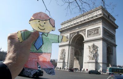 Flat Stanley Pointing to the Arc de Triomphe in Paris