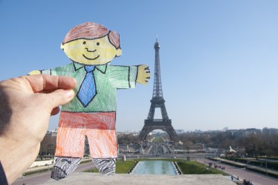 Flat Stanley in front of the Eiffel Tower