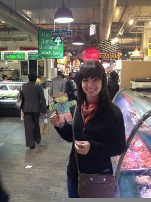 Flat Stanley and Sam in Reading Terminal Market for a Philadelphia Cheesesteak